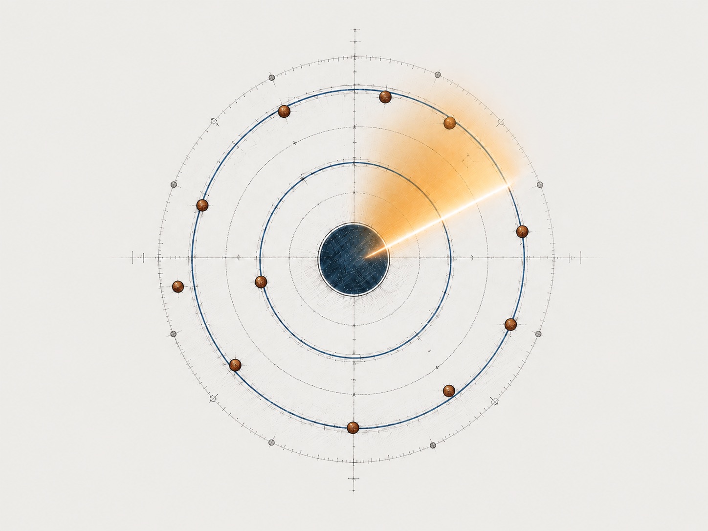 A radar drawn on engineering paper: a dark core at the centre, blue rings around it, an amber sweep, and small copper markers on each ring