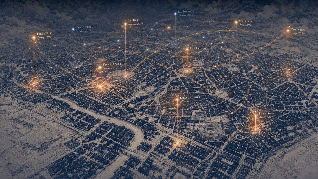 A constellation of remembered places glowing over a city plan