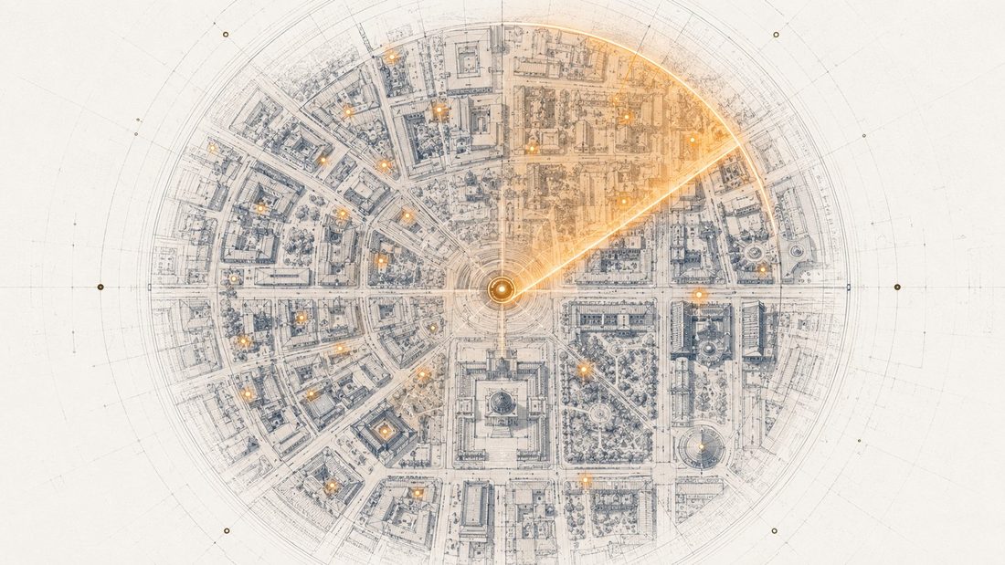 Amber radar rings sweeping over an engraved city quarter