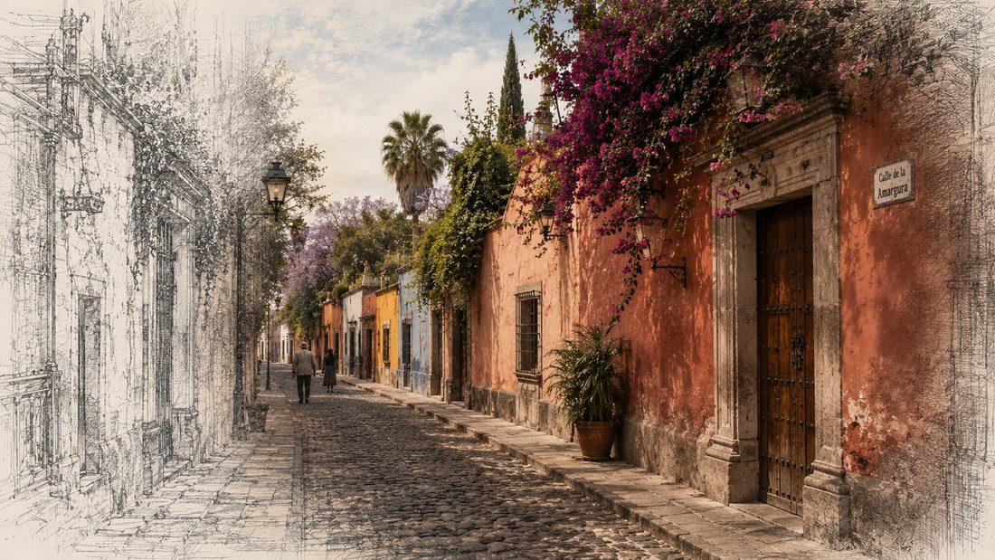 A San Ángel street: high walls, cobblestones, bougainvillea
