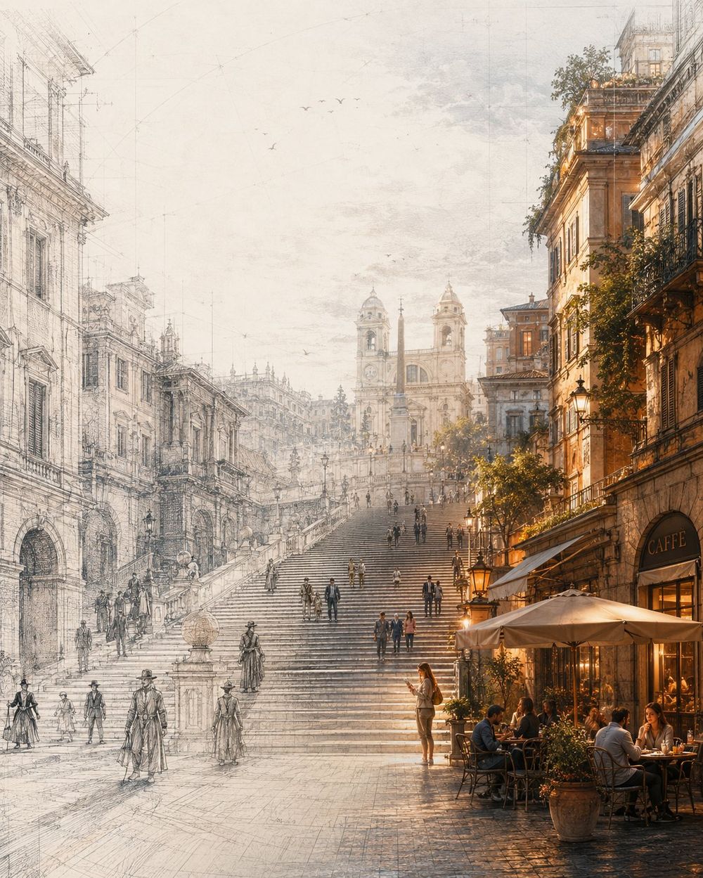 A Piranesi-style etching of a Roman street, resolving into colour photograph