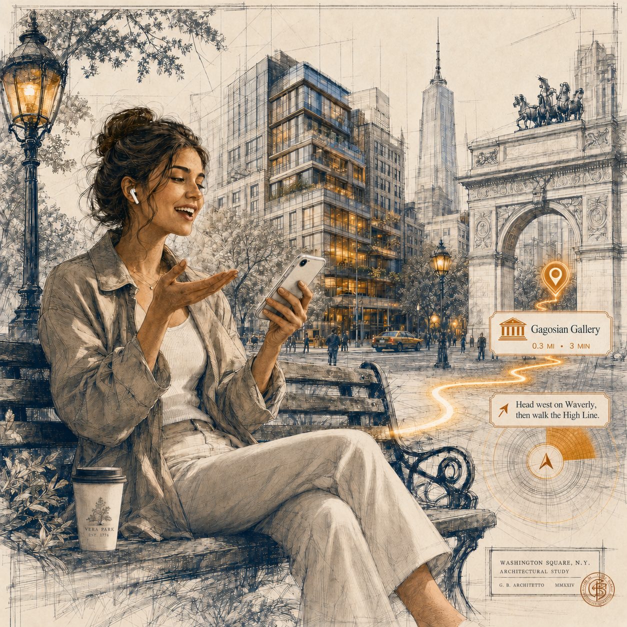 A woman on a park bench talks to Ricordo on her phone, the city sketched around her with a glowing route leading to a gallery.